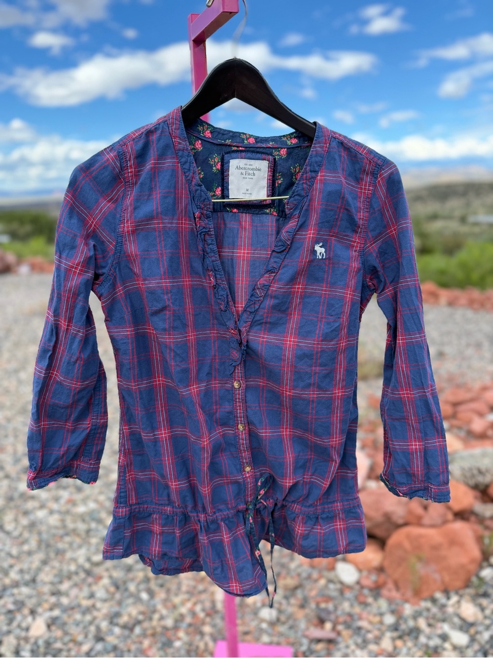 Y2K Abercrombie & Fitch Plaid Ruffle Peplum Tunic Top M Navy Red Floral